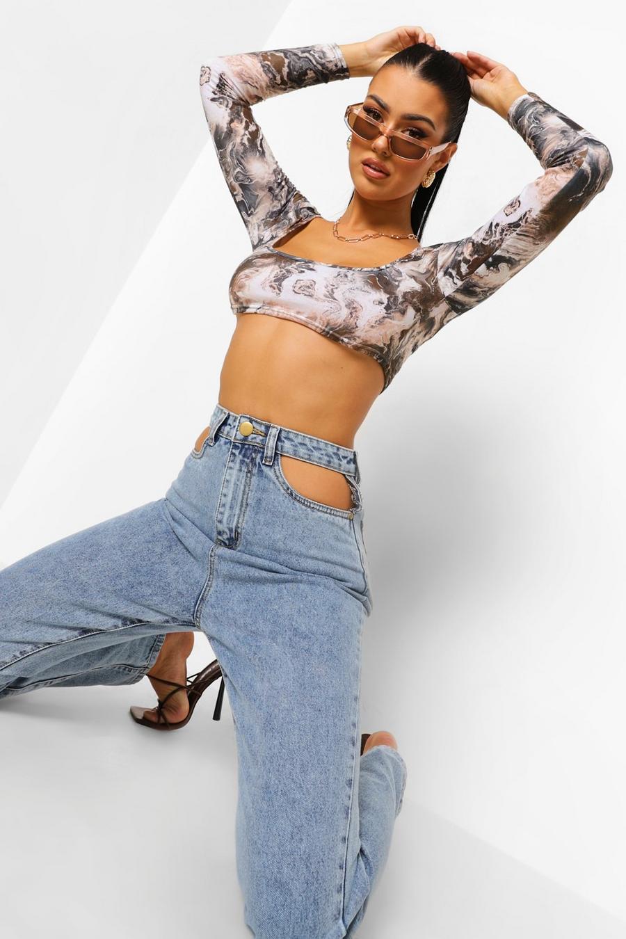 Mid blue Tall Acid Wash Cut Out Waist Straight Jeans image number 1