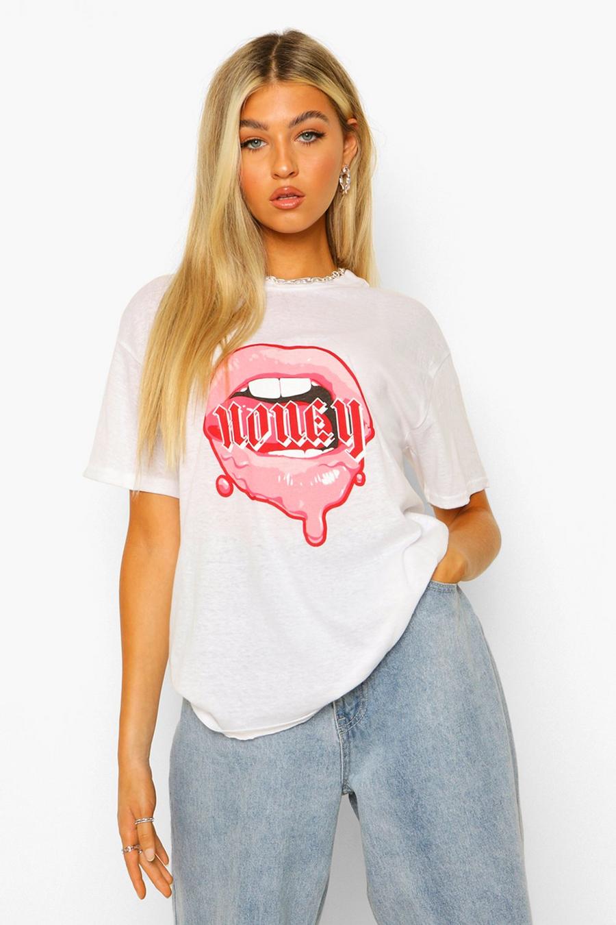 Camiseta con estampado de labios y eslogan “Honey” Tall, Blanco image number 1