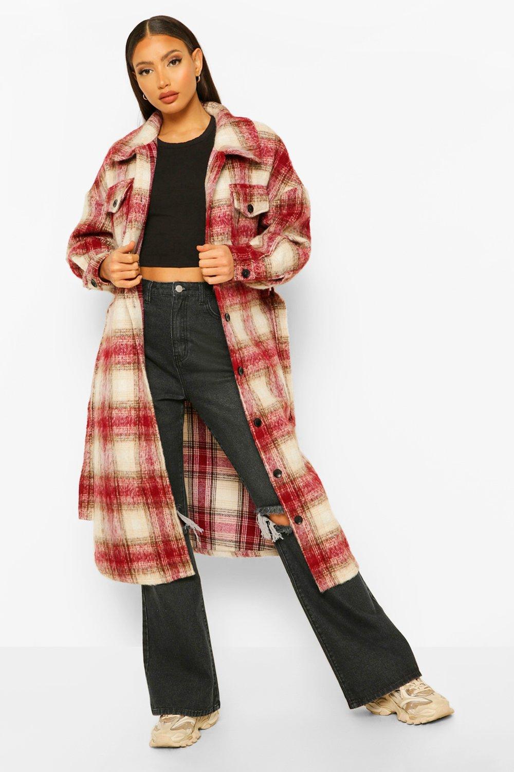 Womens Tall Longline Wool Look Belted Check Shacket Coat Boohoo Uk