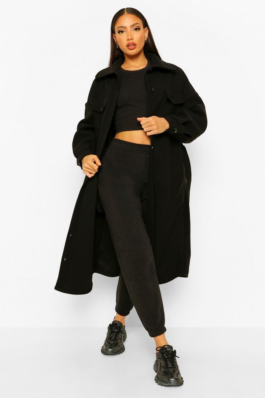 שחור מעיל חולצת ז'קט בגזרה ארוכה במראה צמר עם חגורה לנשים גבוהות image number 1