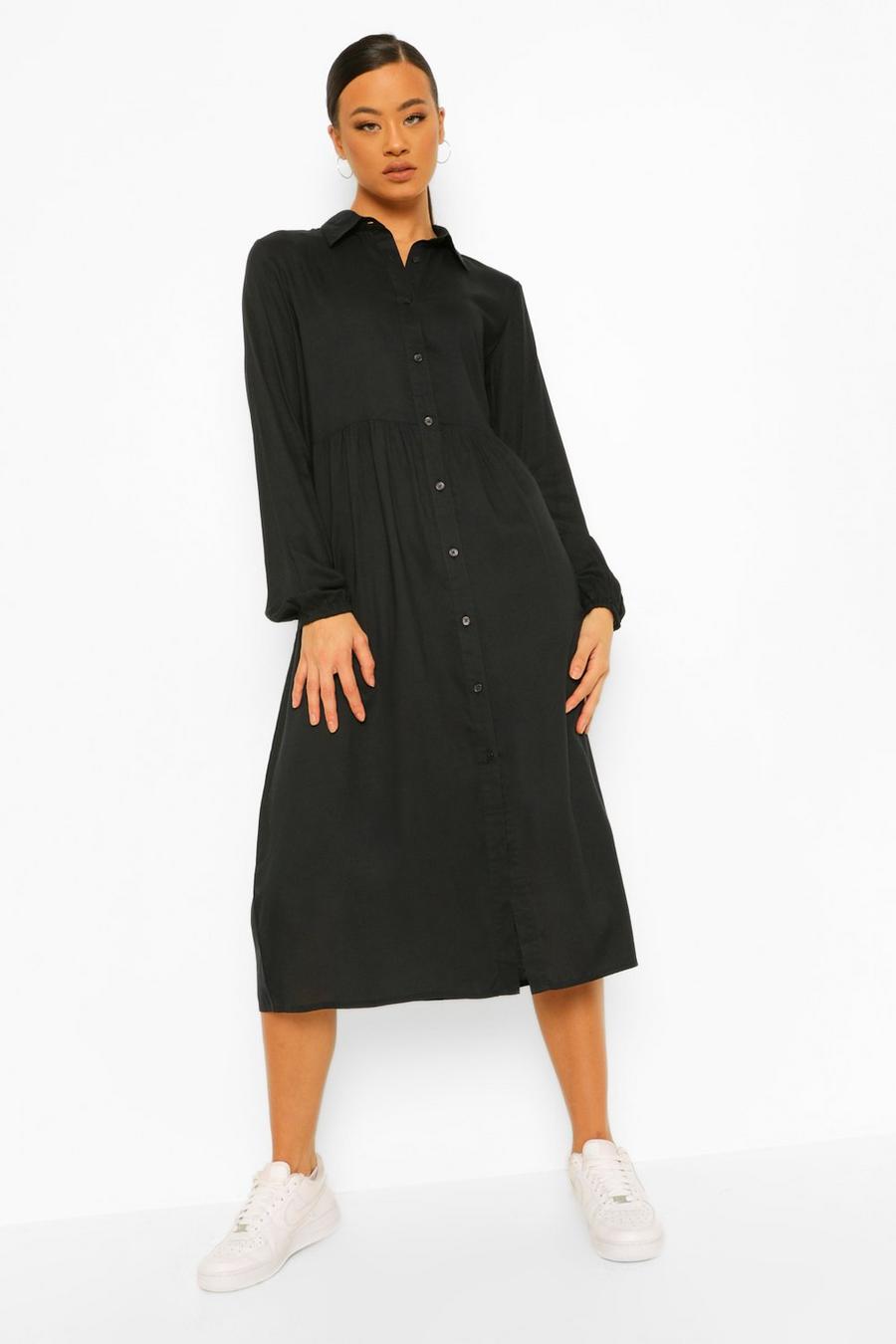 Black Tall Woven Long Sleeve Midi Shirt Dress image number 1