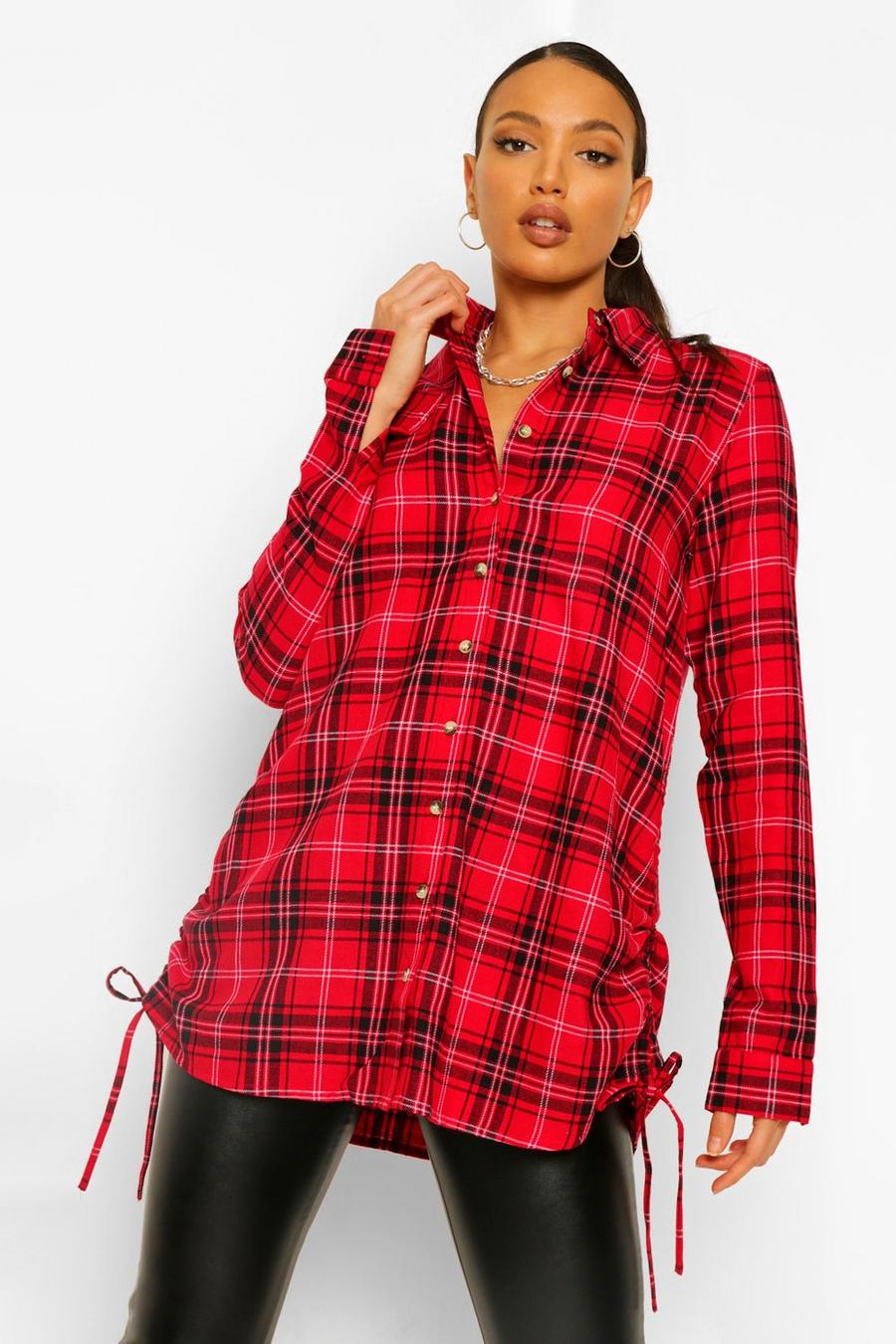 Red Tall Woven Check Ruched Side Shirt image number 1