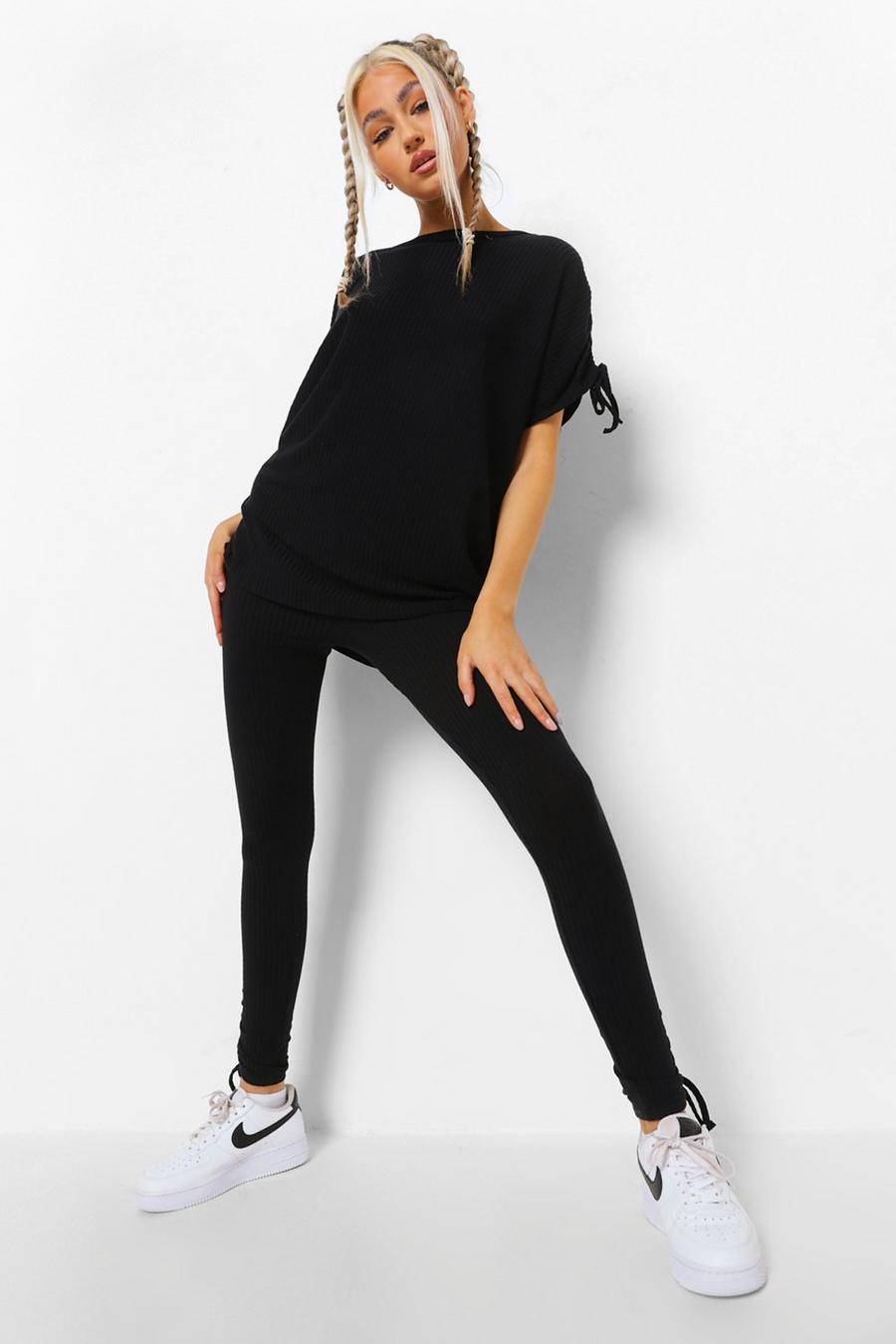 Black Tall Ruched Side T-Shirt And Legging Two-Piece Set image number 1