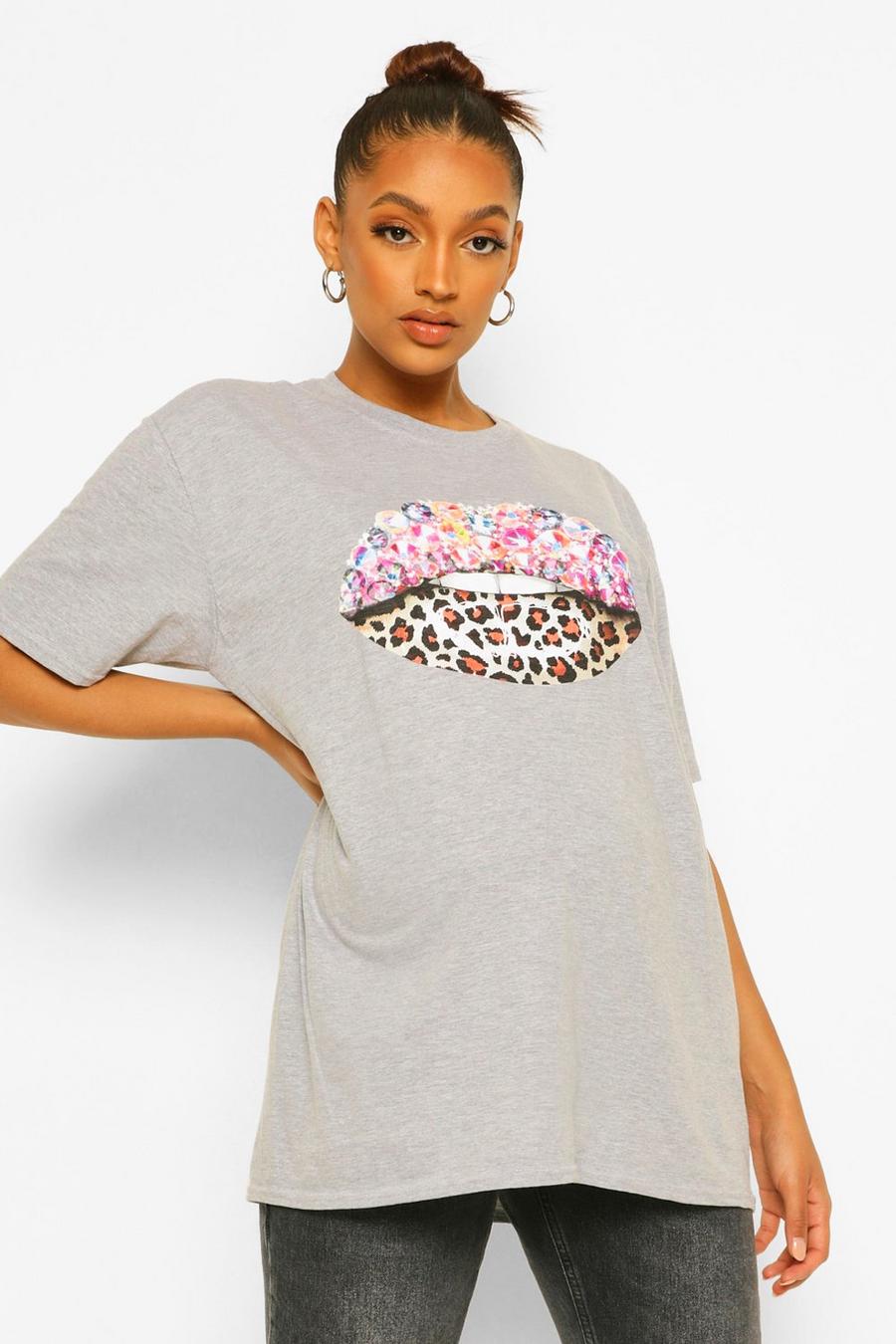 Umstands-T-Shirt mit Lippen- und Leoparden-Print sowie Kristallen, Grau image number 1