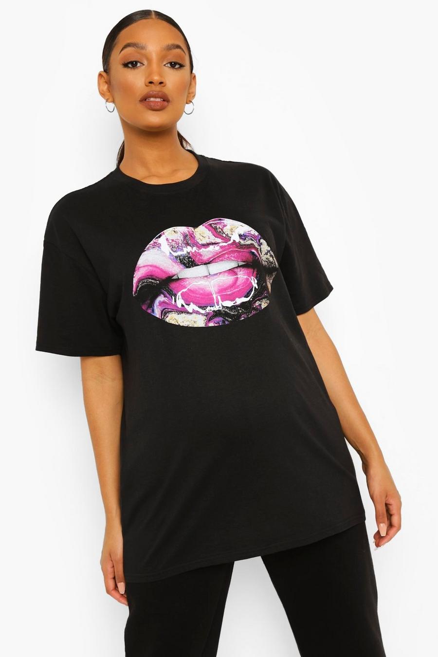 Black Tall Marble Print Lips T-Shirt image number 1