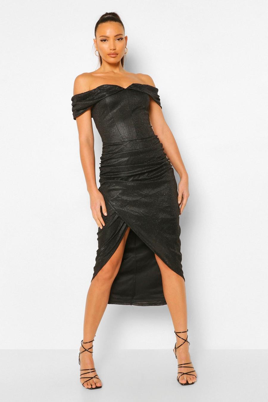 שחור שמלת מידקסי מבריקה עם מעטפת קדמית וכתפיים חשופות לנשים גבוהות image number 1