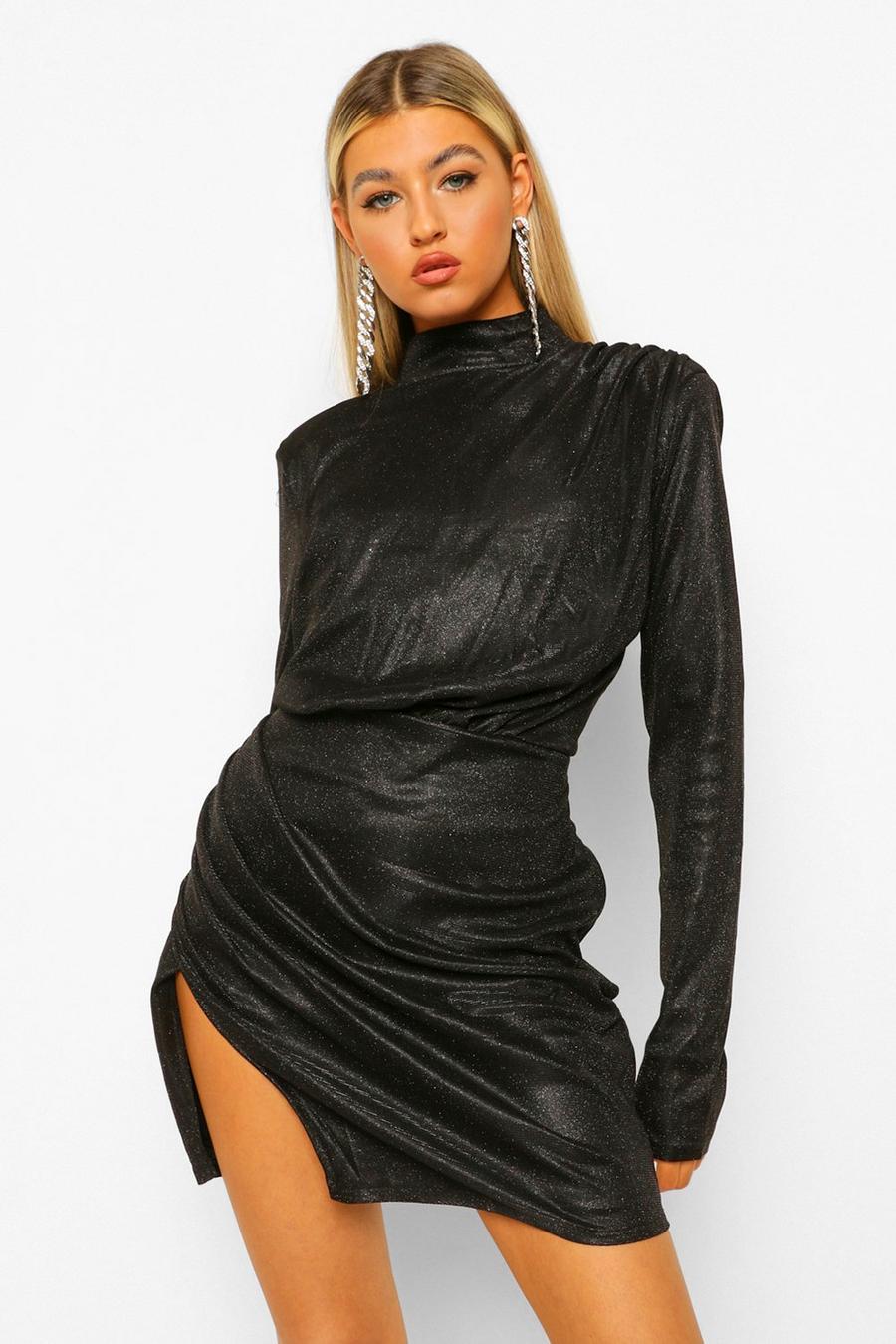 Black Tall High Neck Long Sleeve Shimmer Midi Dress image number 1