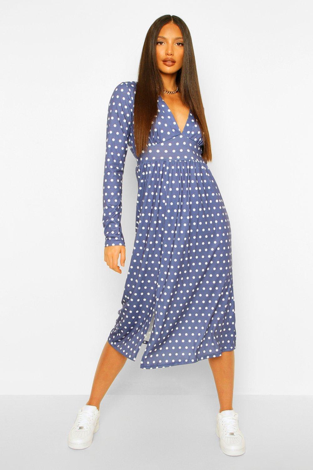 long sleeve polka dot midi dress