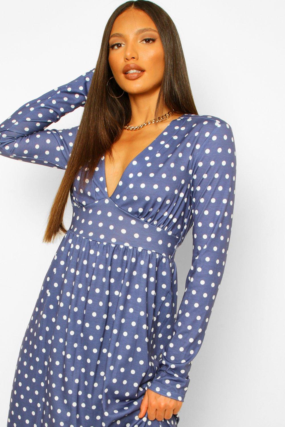 blue polka dot dress long sleeve