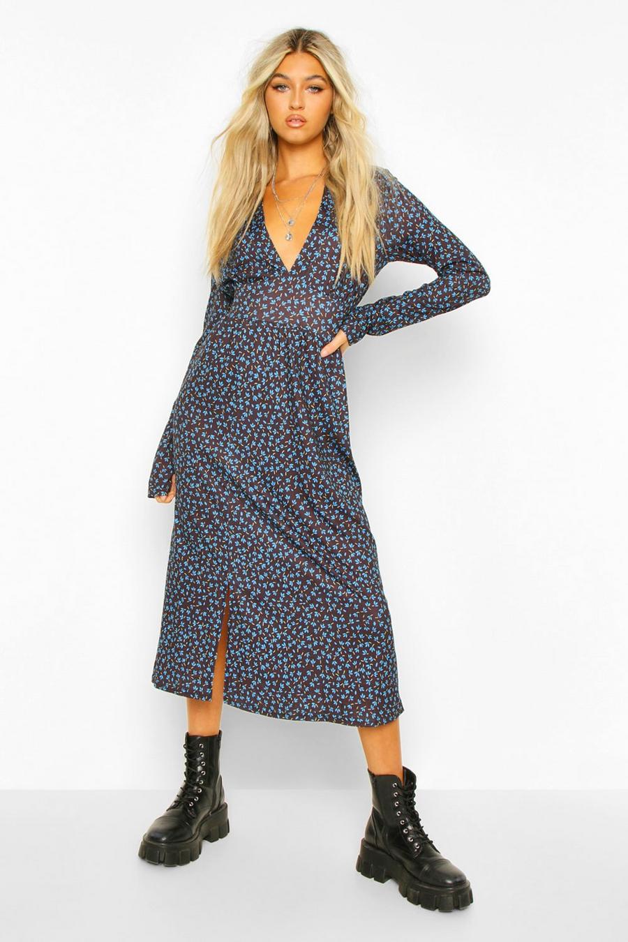 Blue Tall Woven Long Sleeve Floral Print Midi Dress image number 1