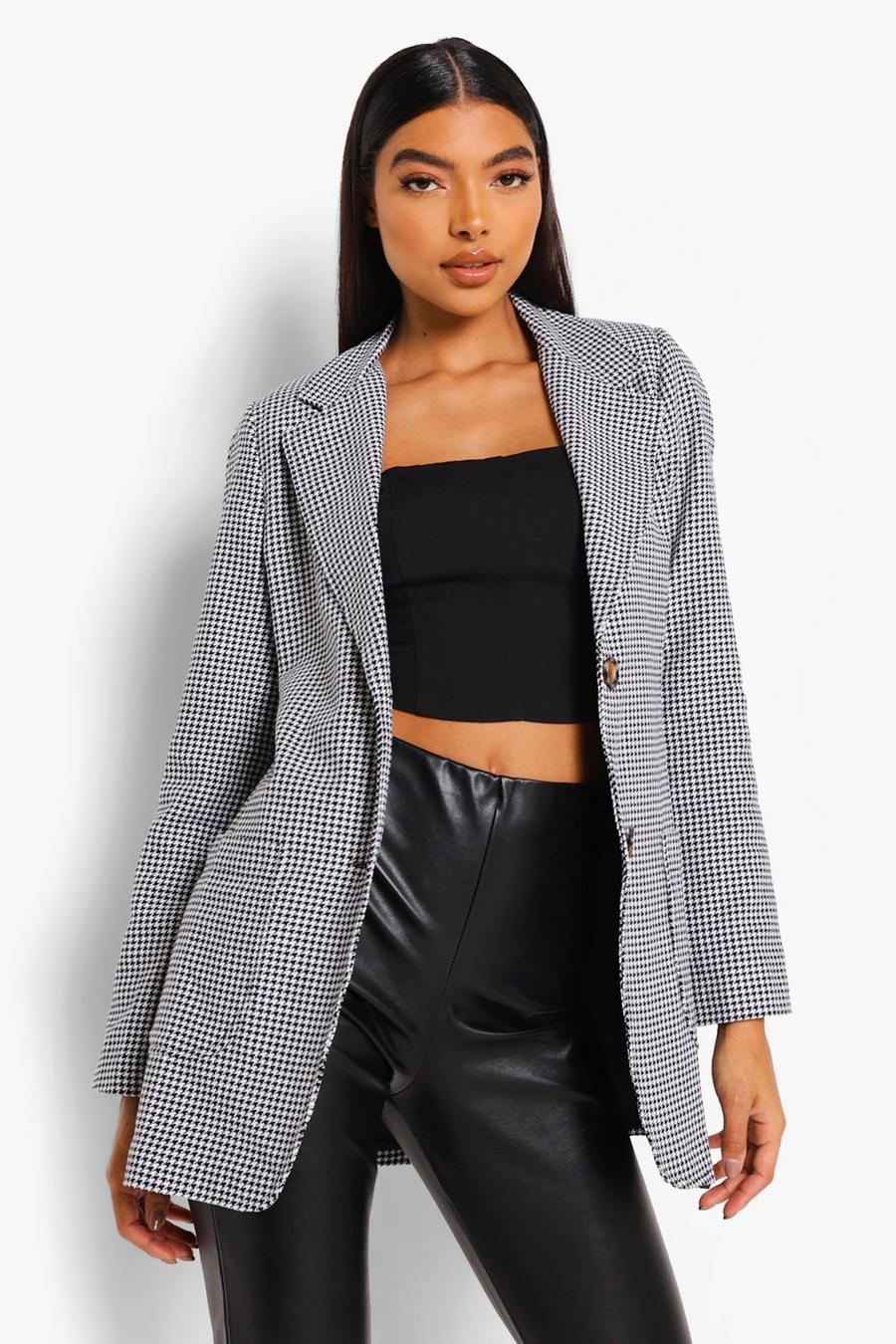 Black Tall Woven Dogtooth Puff Sleeve Pocket Blazer image number 1