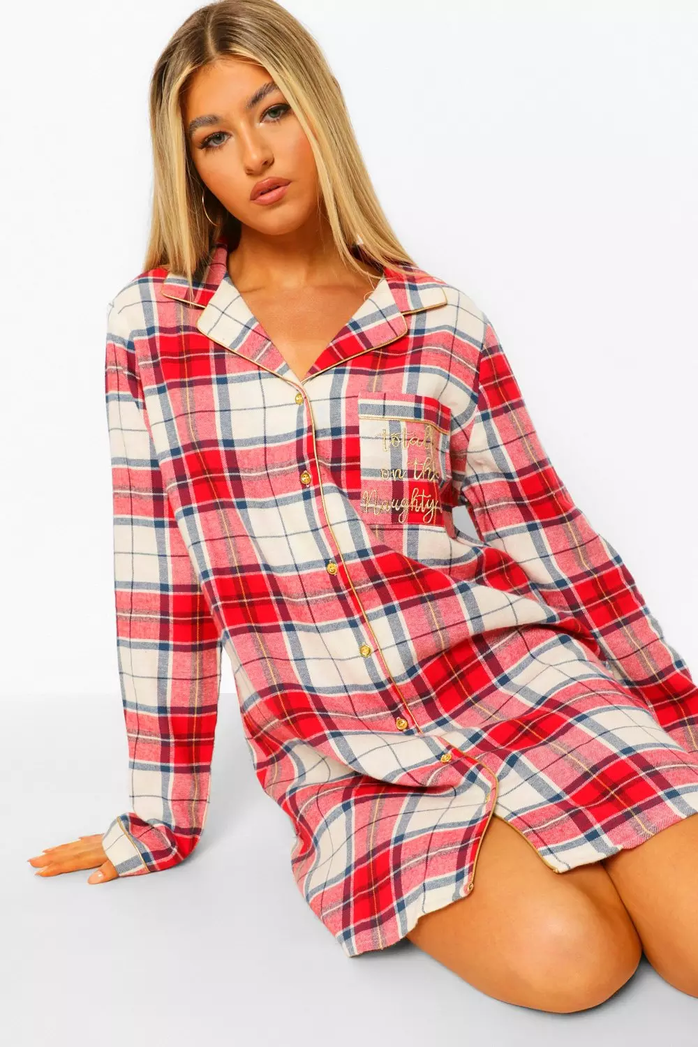 Women's Naughty List Embroidered Flannel PJ Set