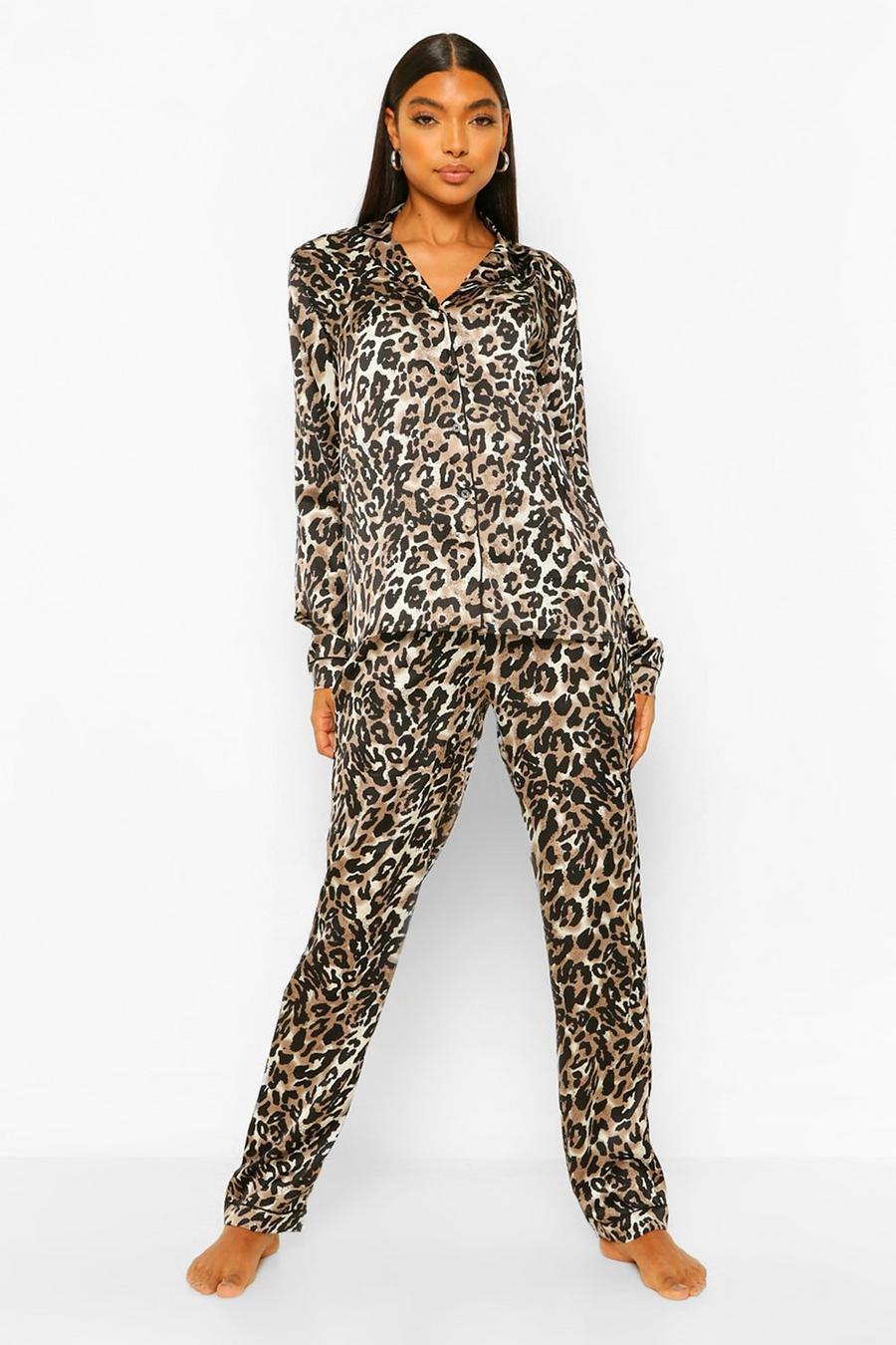 Brown Tall Satin Leopard Print Pyjama Trouser Set image number 1