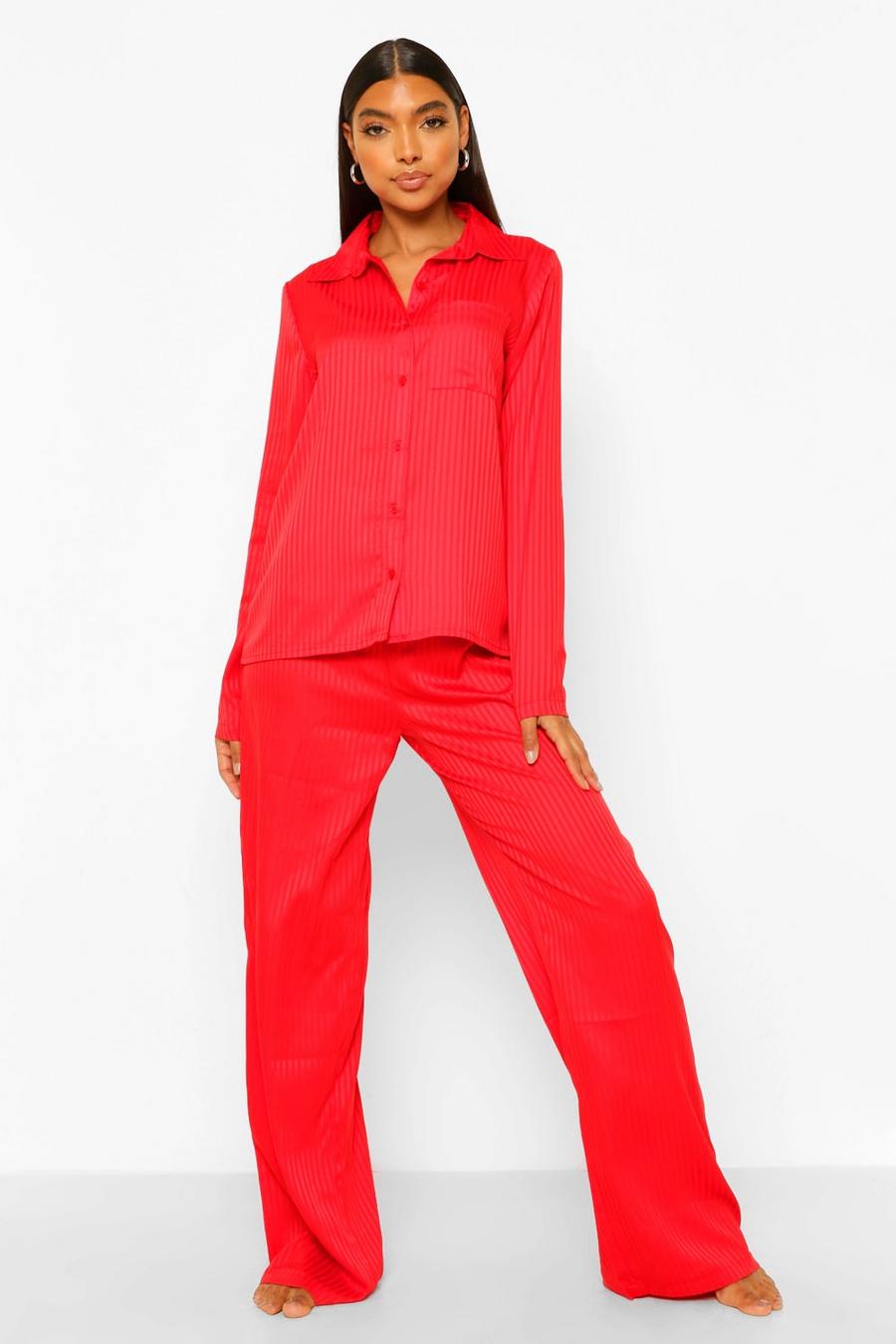 אדום סט פיג'מה מכנסיים מבד ג'קארד עם פסים לנשים גבוהות image number 1