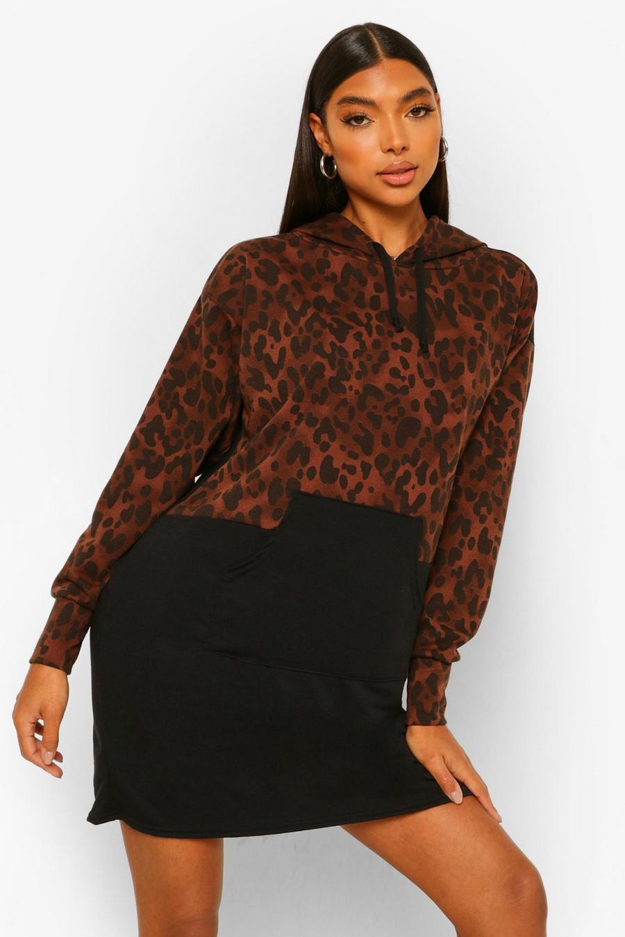 Tall - Leopardmönstrad sweatshirtklänning med blockfärger och huva image number 1