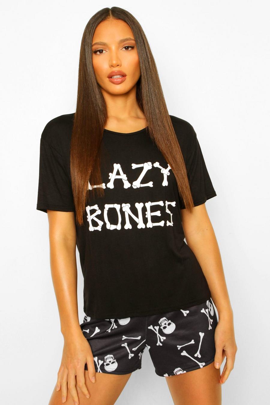 שחור סט פיג'מה להאלווין עם הכיתוב Lazy Bones לנשים גבוהות image number 1