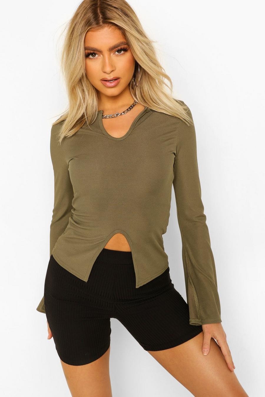 Tall Rib Long Sleeve Notch Neck Crop Top image number 1