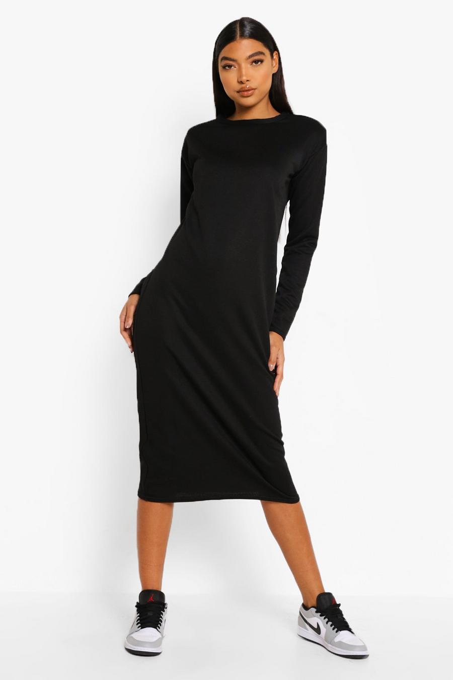 Black Tall Long Sleeve Shoulder Pad Midi Dress image number 1