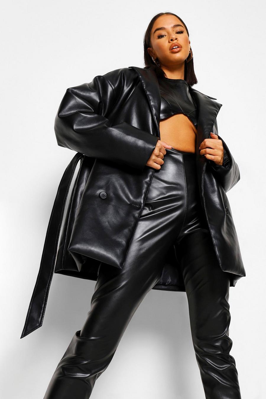 Black Tall PU Wrap Around Belted Coat image number 1