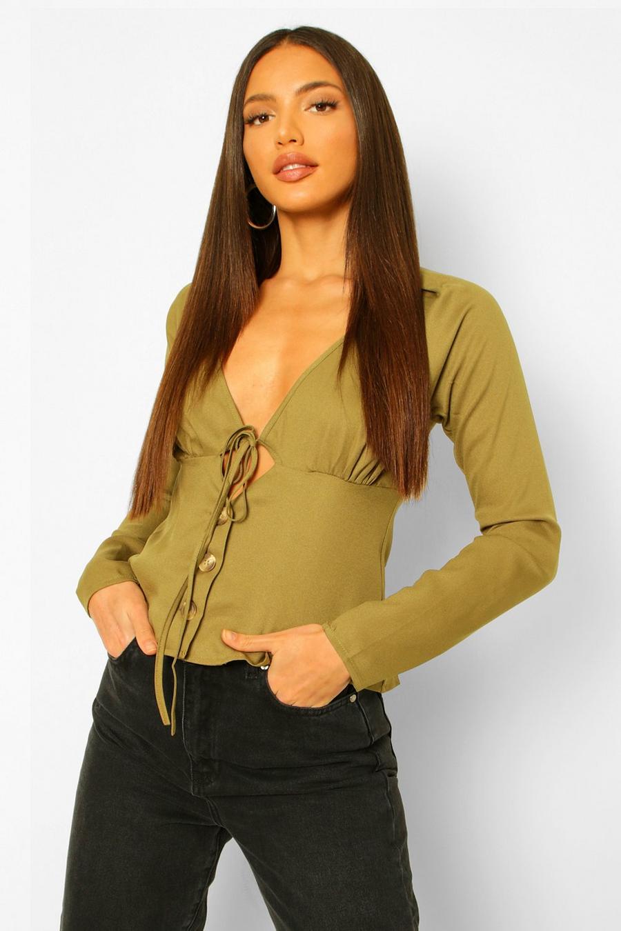 Khaki Tall Woven Ruched Bust Tie Front Blouse image number 1