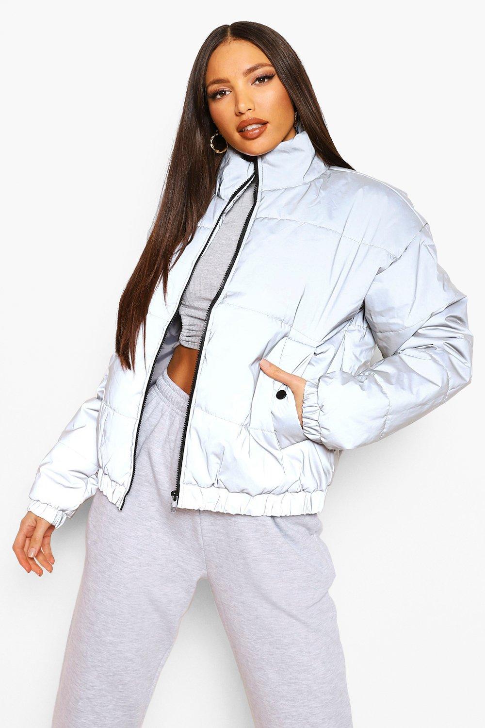 Cropped reflective puffer clearance jacket