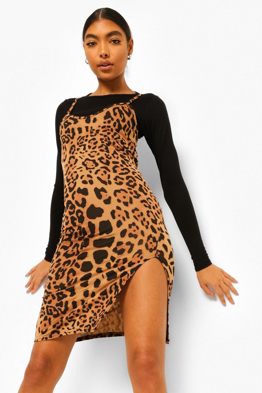 Tall Leopard Print 2-in-1 Long Sleeve Mini Dress image number 1