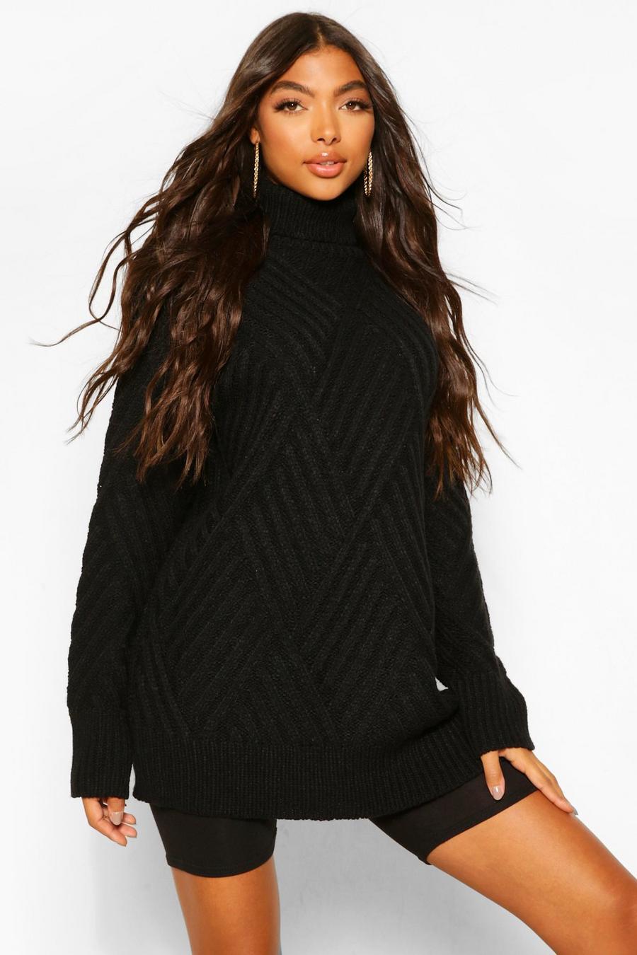 Tall Roll Neck Chunky Cross Knitted Jumper image number 1