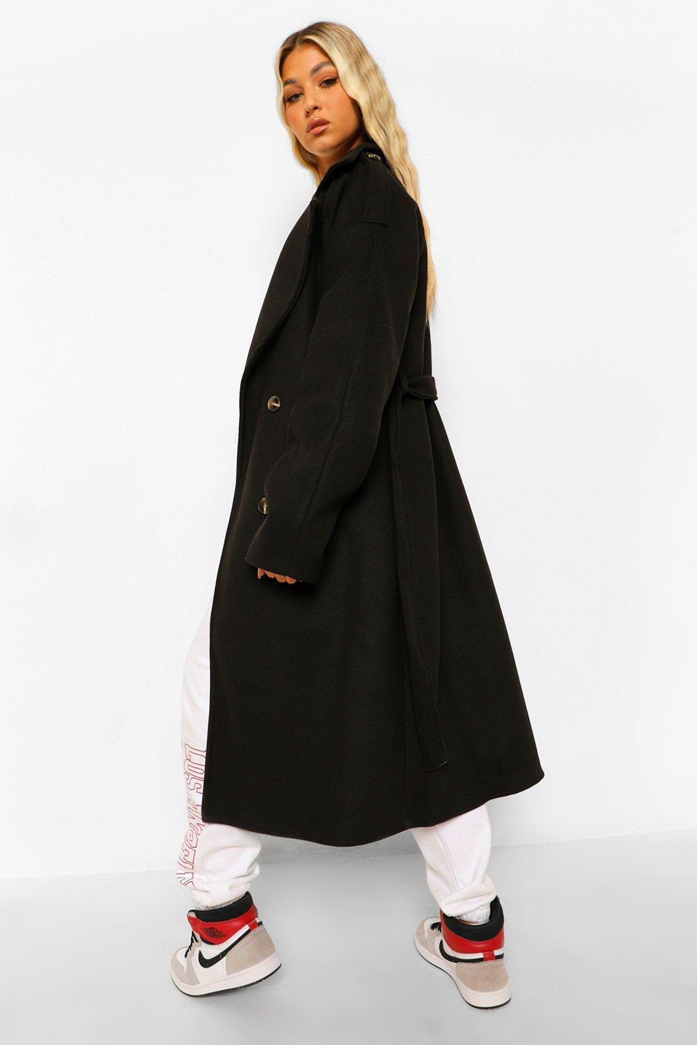 Boohoo belted wool look trench coat in outlet black