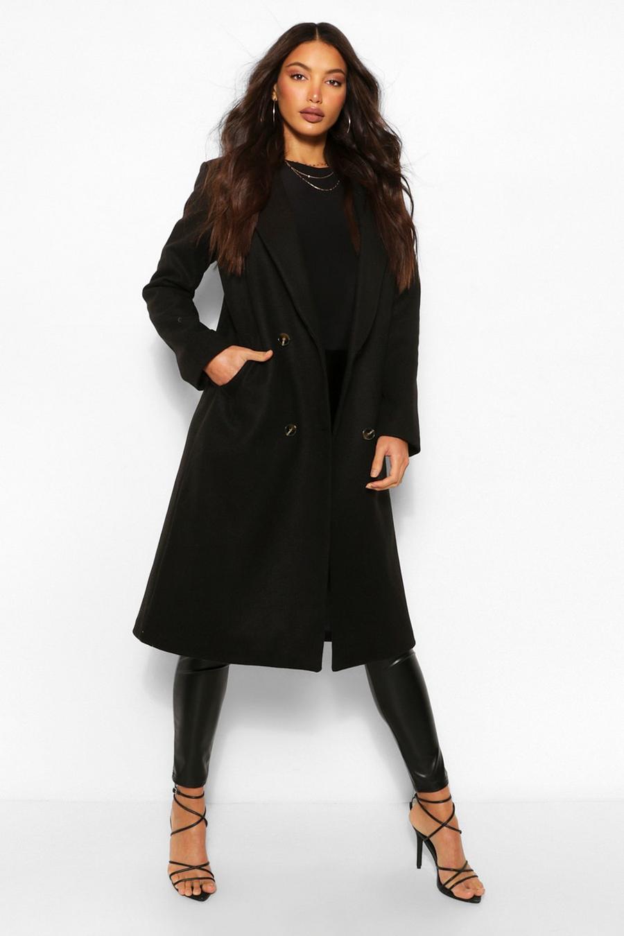 Black Tall Double Breasted Boyfriend Wool Look Check Coat image number 1