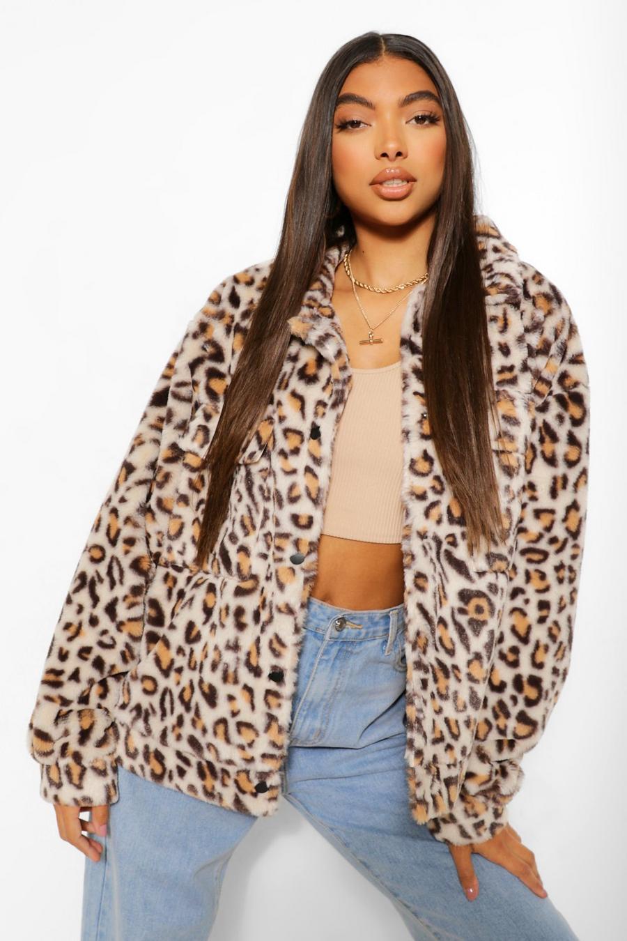 Brown Tall Faux Fur Leopard Print Oversized Shacket image number 1