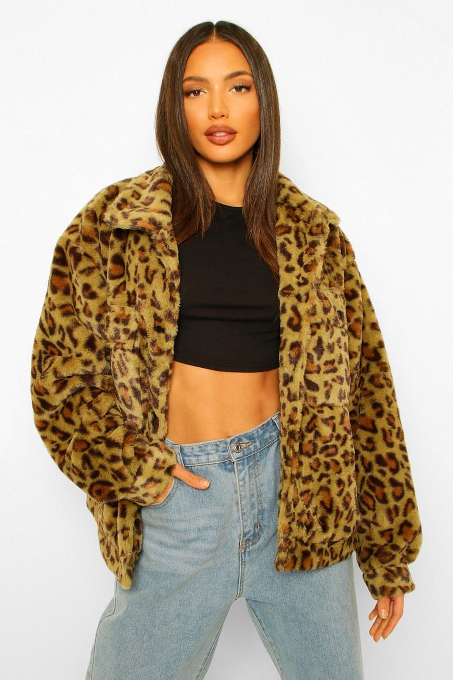 Khaki Tall Faux Fur Leopard Print Oversized Shacket image number 1
