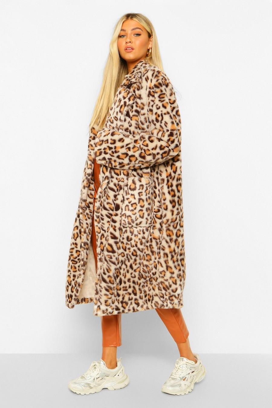 Brown Tall Faux Fur Leopard Print Longline Coat image number 1