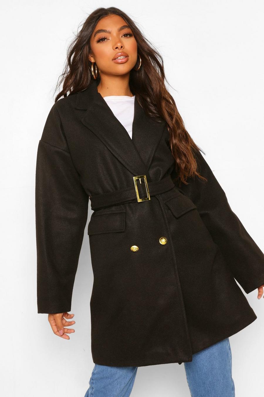 Black Tall Military Detail Belted Wool Look Coat image number 1