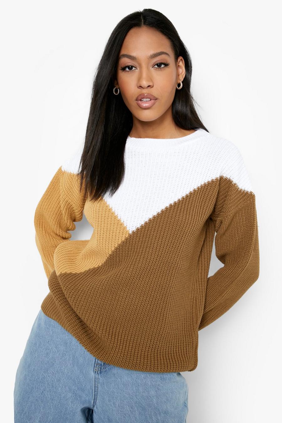 Tan Tall Color Block Knitted Sweater image number 1