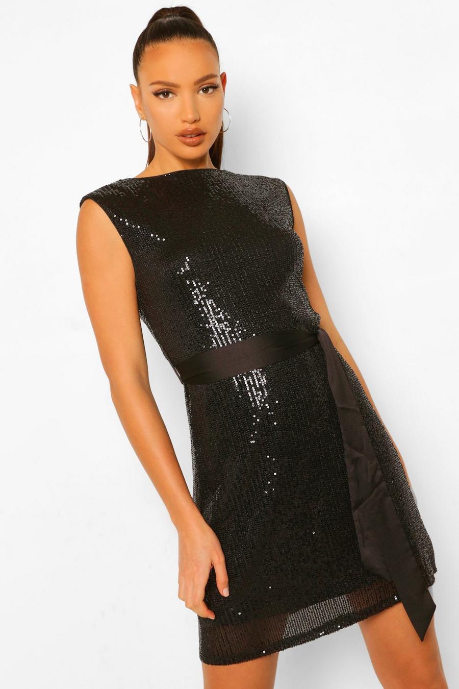 Black Tall Sequin Shoulder Pad Belted Mini Dress image number 1