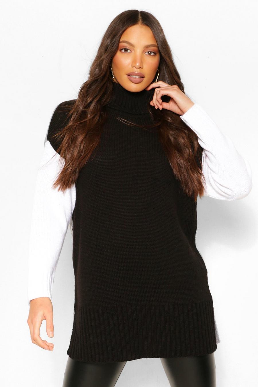 שחור סוודר קולור בלוק עם צווארון גבוה לנשים גבוהות image number 1