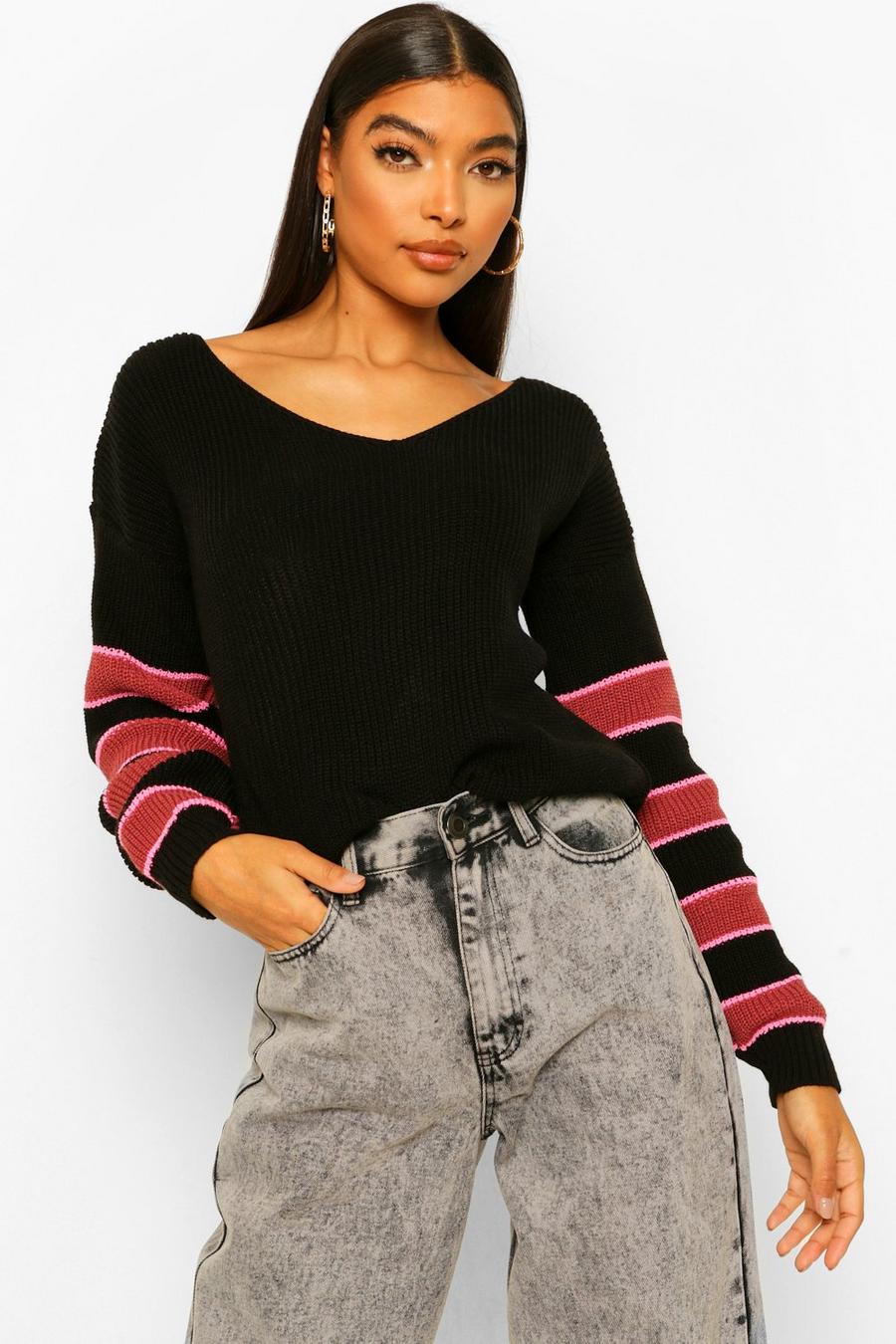 Black Tall Stripe Colour Block Knit Cropped Sweater image number 1