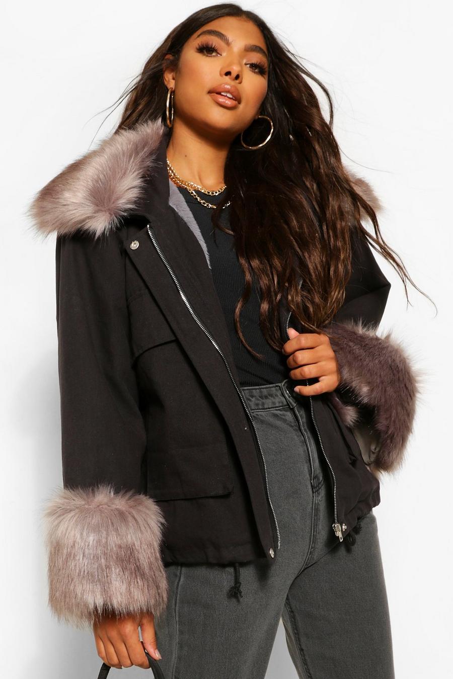 Black Tall Faux Fur Collar And Cuff Jacket image number 1