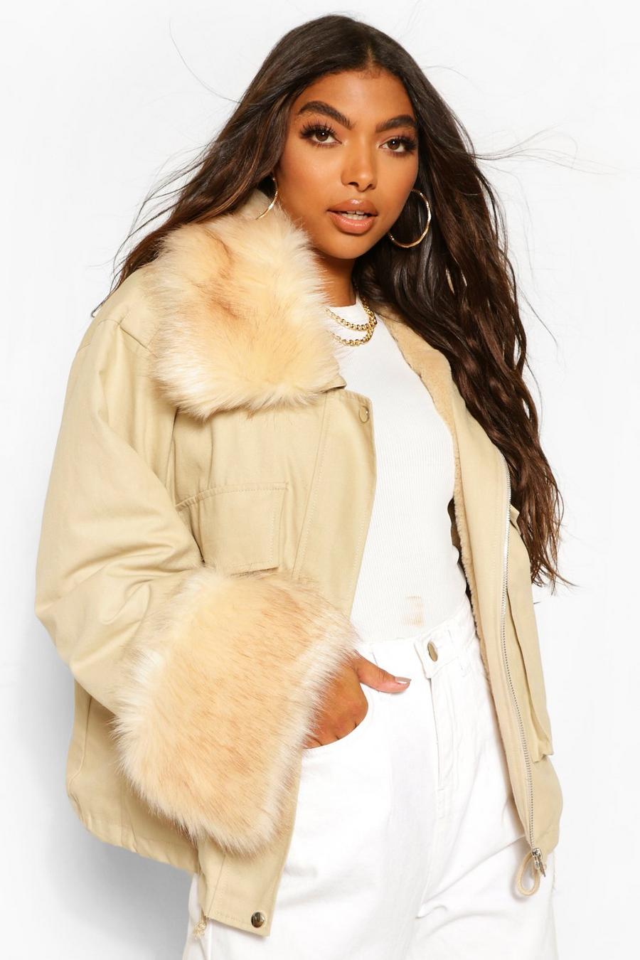 Stone Tall Faux Fur Collar And Cuff Jacket image number 1