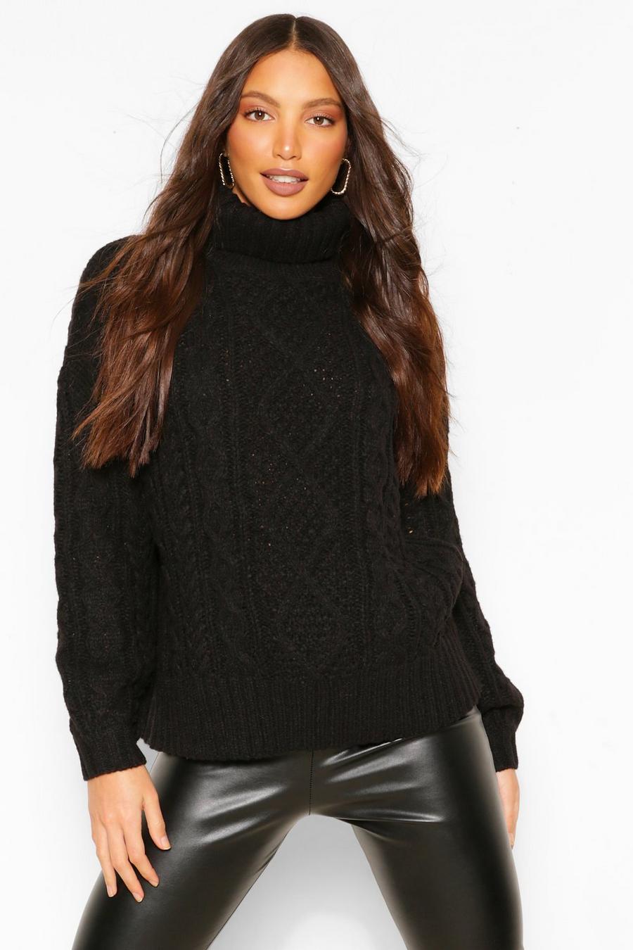 שחור סוודר עבה בסריגת צמות עם צווארון גבוה לנשים גבוהות image number 1