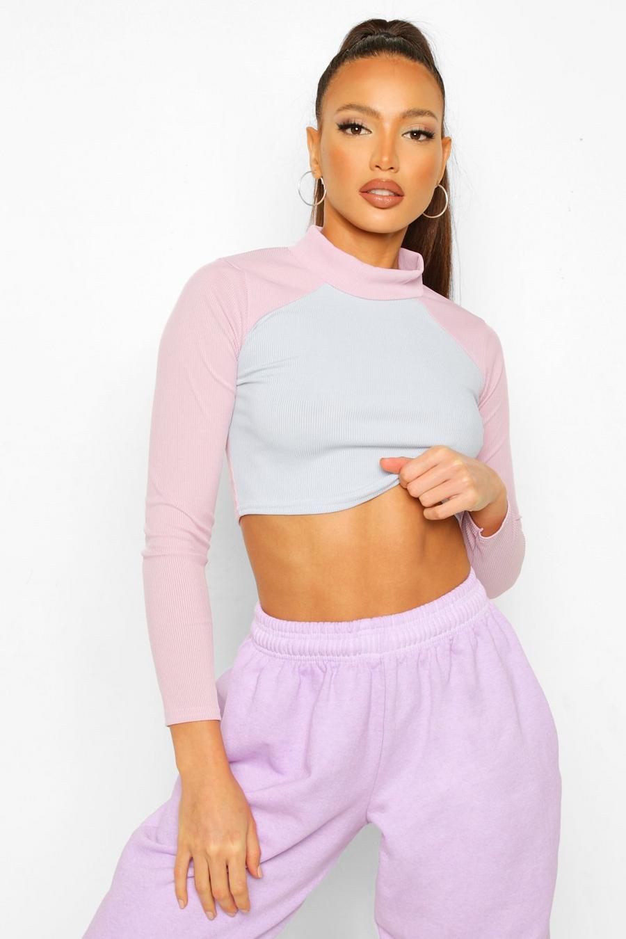 Lilac Tall Long Sleeve Rib Colour Block High Neck Top image number 1