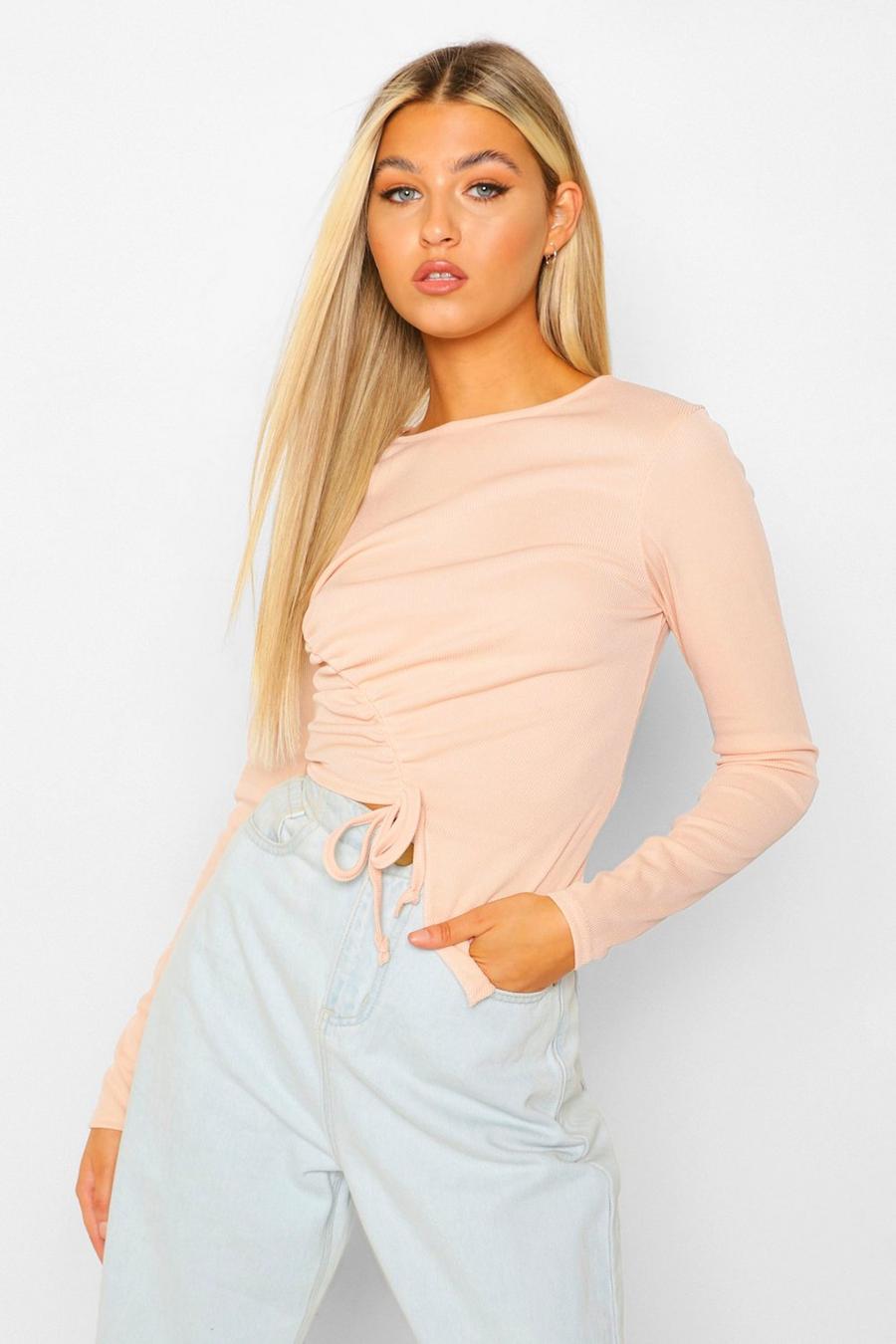 Nude Tall Rib Long Sleeve Ruched Top image number 1