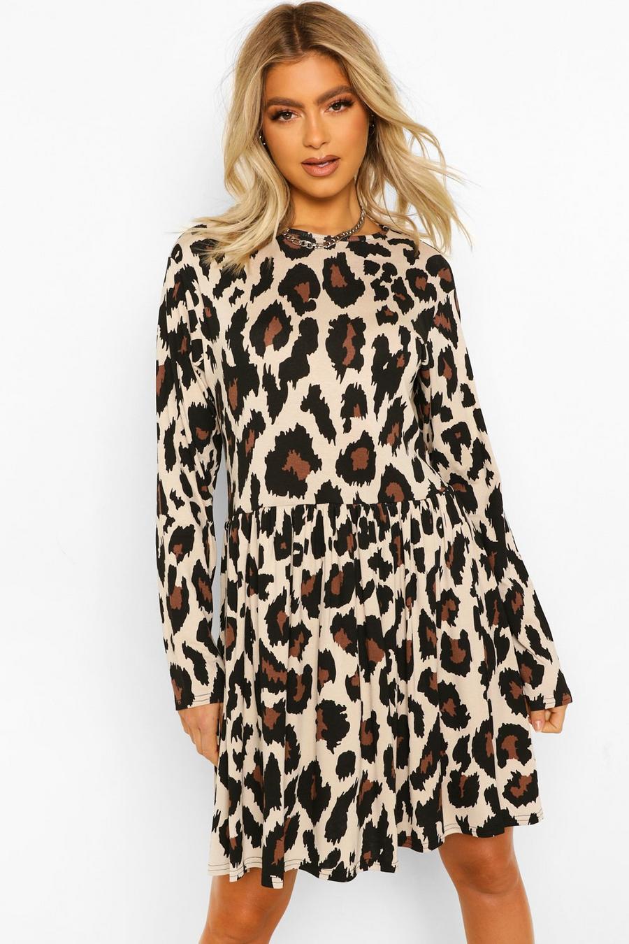 Brown Tall Leopard Print Long Sleeve Smock Dress image number 1
