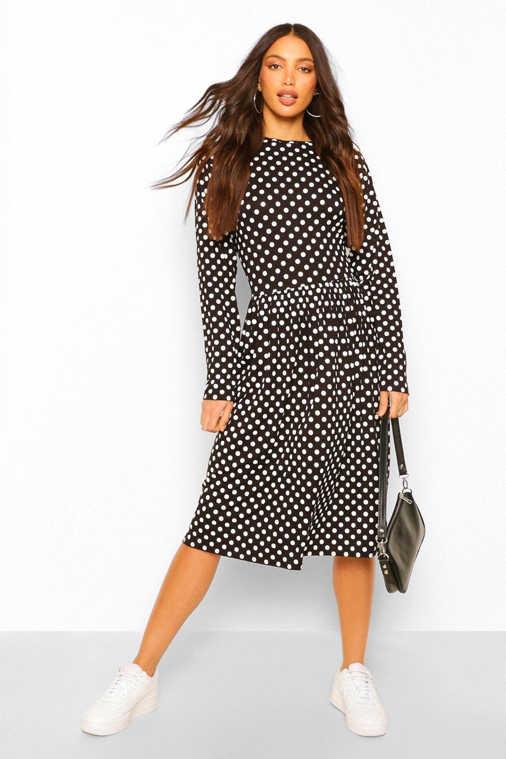 Women s Tall Polka Dot Long Sleeve Smock Midi Dress Boohoo UK