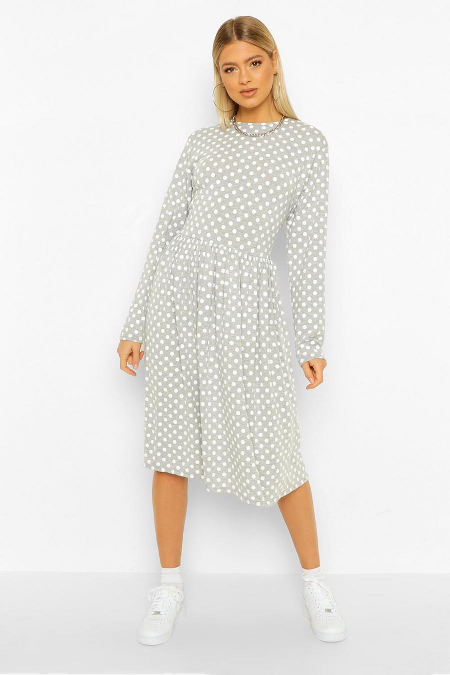 Grey Tall Polka Dot Long Sleeve Smock Midi Dress image number 1