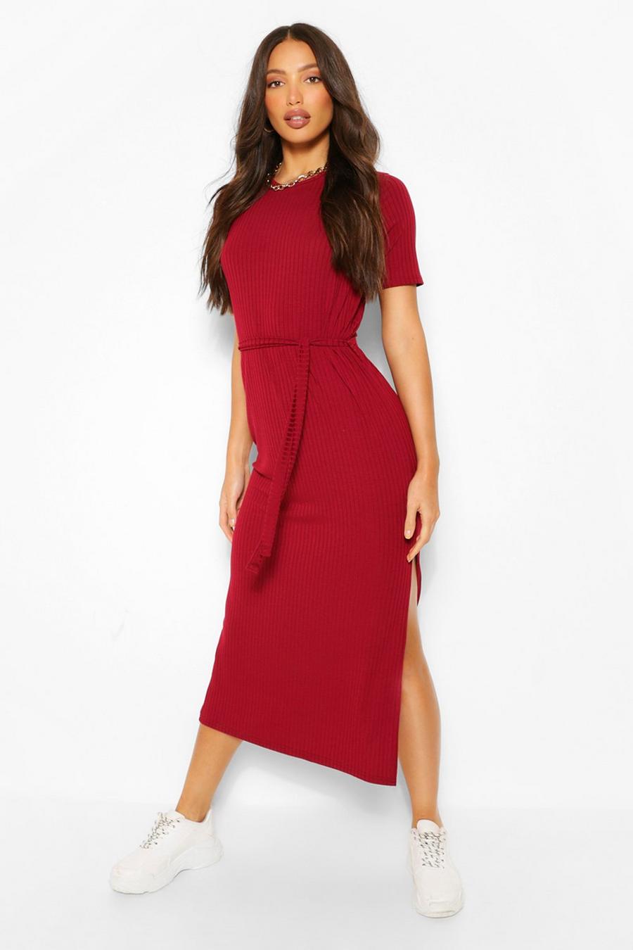 Berry Tall Soft Rib Belted Midi Dress image number 1