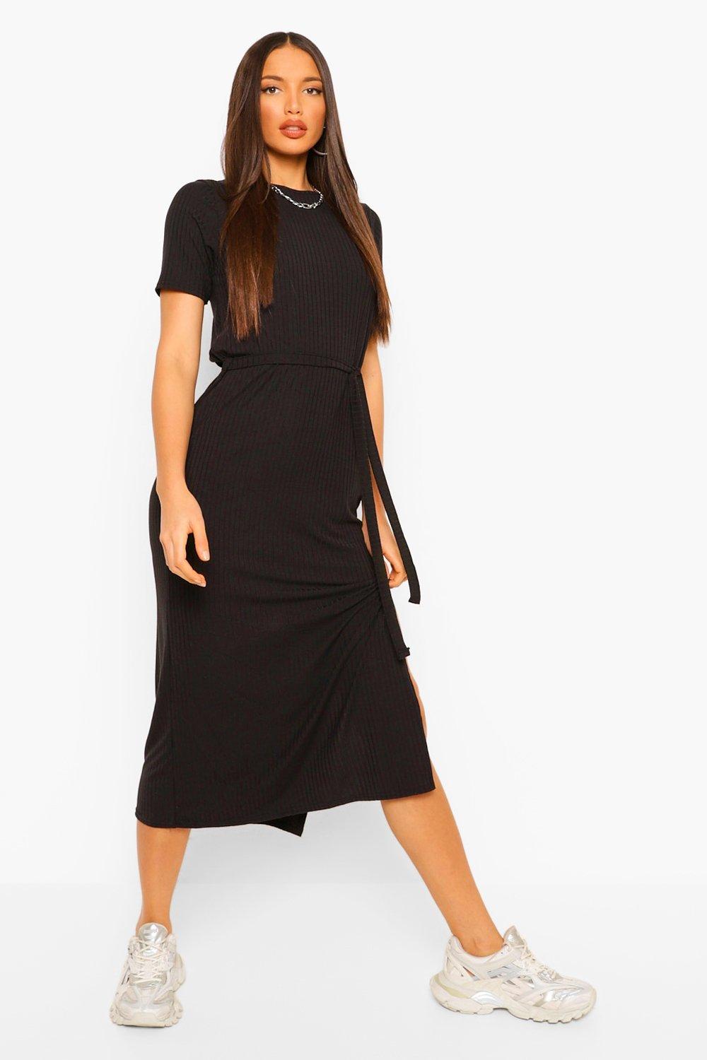 Boohoo plunge midi dress with sweetheart neckline and side split in clearance black