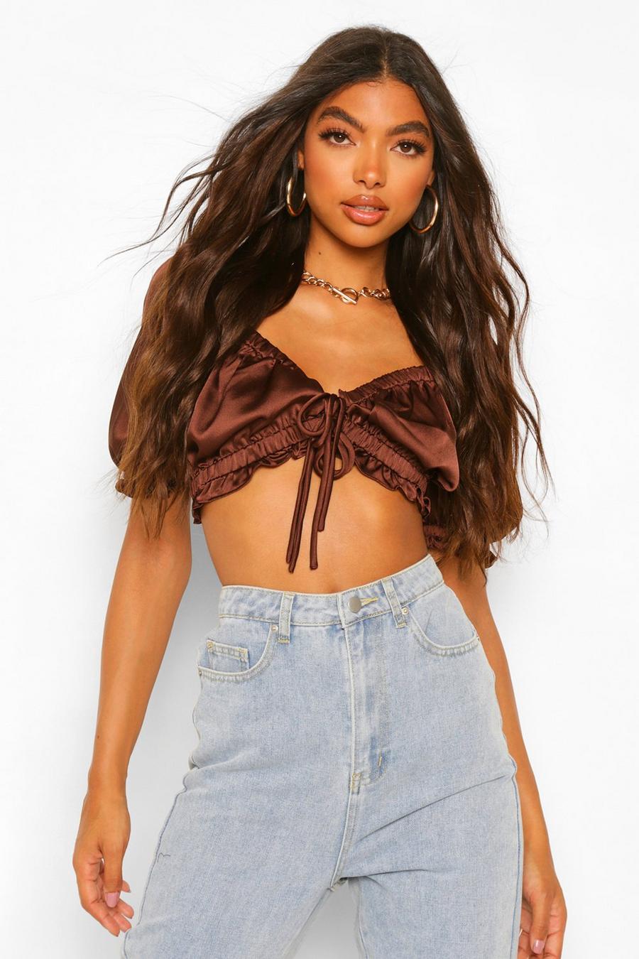 Chocolate Tall Satin Puff Sleeve Tie Front Crop Top image number 1