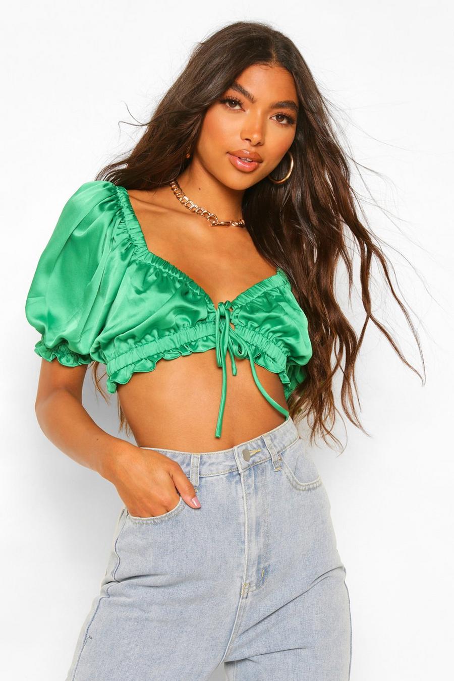 Emerald Tall Satin Puff Sleeve Tie Front Crop Top image number 1