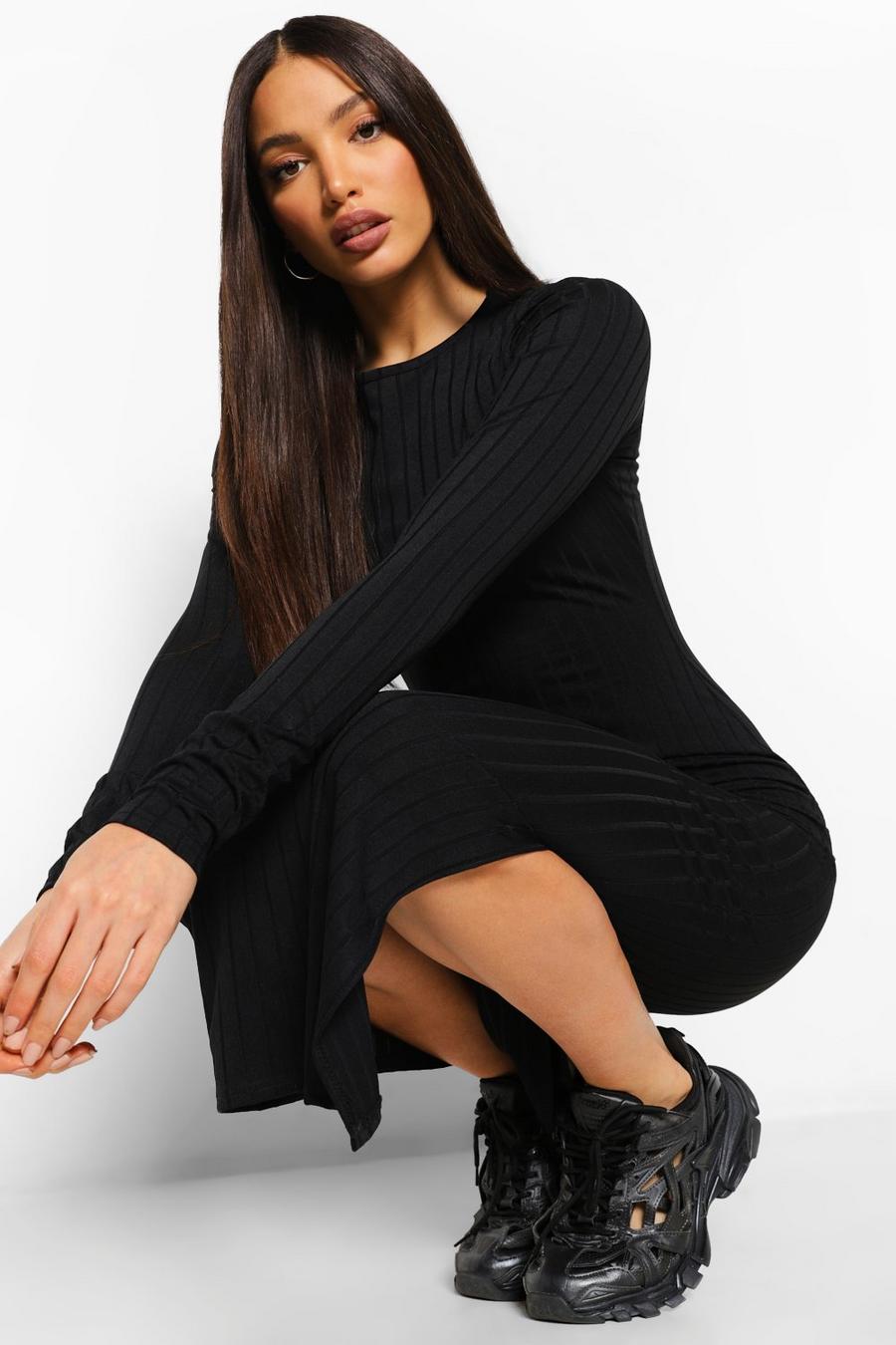 Black Tall Rib Long Sleeve Belted Midaxi Dress image number 1